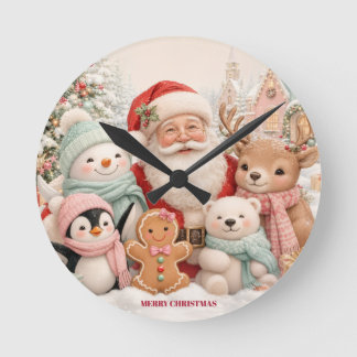 Reloj Redondo Mediano Navidad adorable con Santa, Pingüino, Oso, Reno