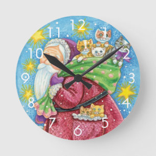 Reloj Redondo Mediano Navidad linda, Santa Claus con gatitos y gatos!