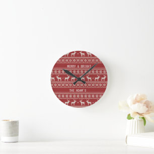 Reloj Redondo Mediano Navidad Reno Nórdico Tejido Personalizado