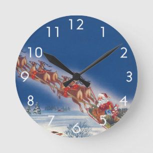 Reloj Redondo Mediano Navidad Vintage, Santa volando en su trineo con re