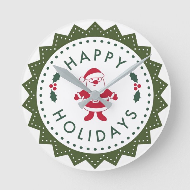 Reloj Redondo Mediano Navidades Cute Personalizado Santa Happy Holidays (Anverso)