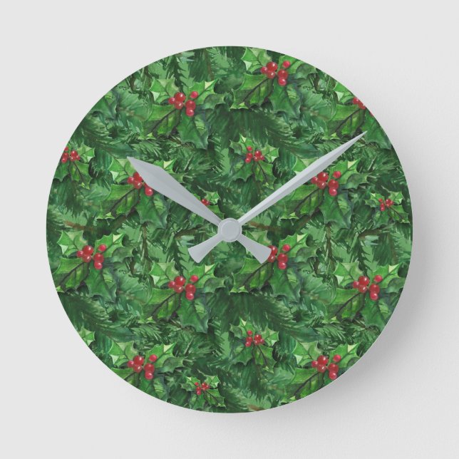 Reloj Redondo Mediano Navidades de acuarela Holly Berries (Anverso)