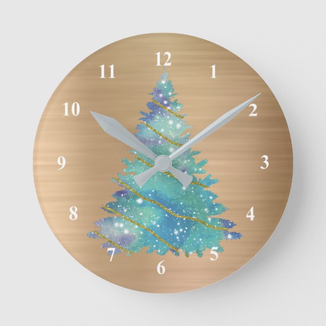 Reloj Redondo Mediano Navidades de árbol Verde azulado de oro de moda (Anverso)