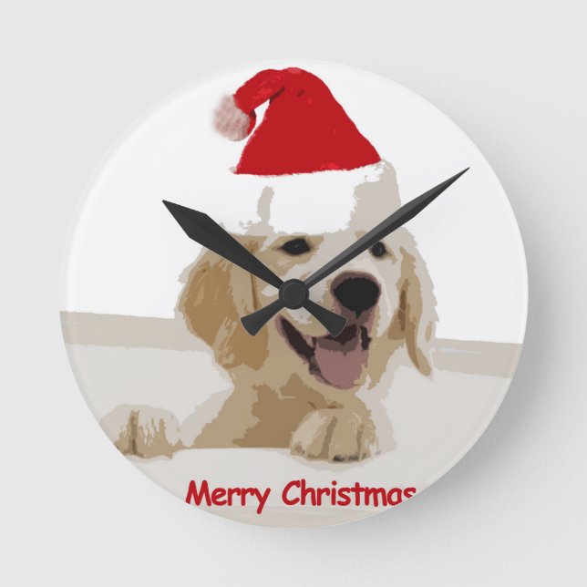 Reloj Redondo Mediano Navidades de Golden Retriever con Santa Hat (Anverso)