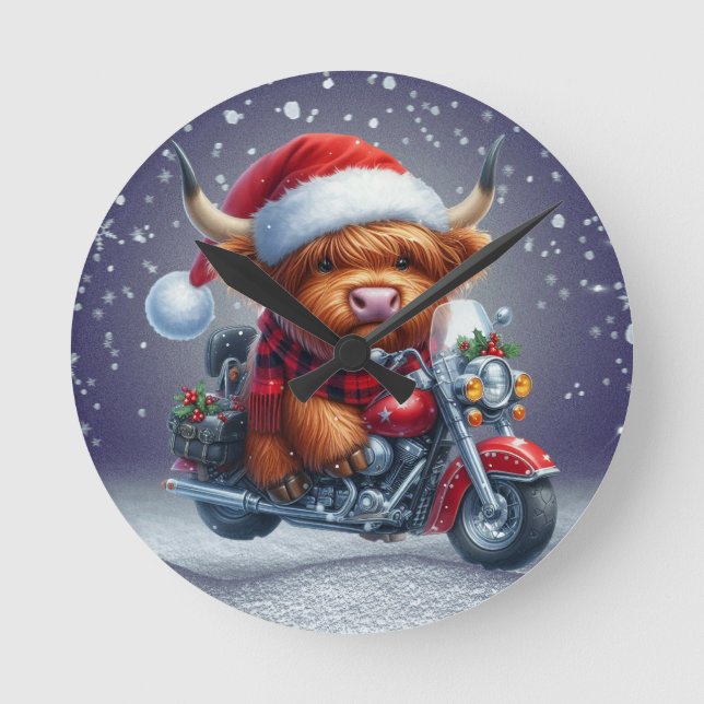 Reloj Redondo Mediano Navidades de motor de Cute Highland Cow (Anverso)