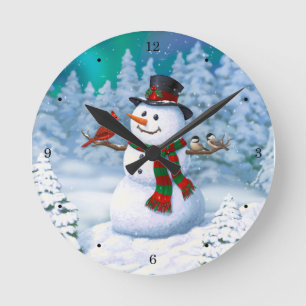 Reloj Redondo Mediano Navidades felices Snowman y Birds Winter Scene
