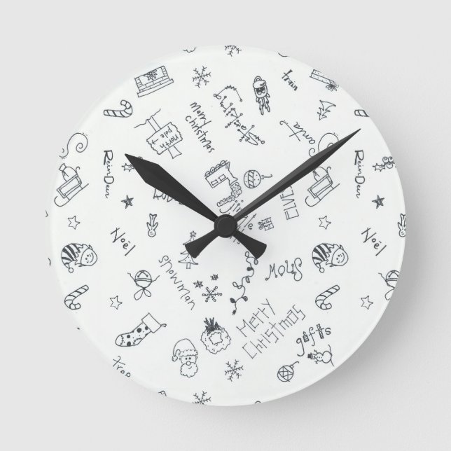Reloj Redondo Mediano navidades garabatos de diversión en blanco y negro (Anverso)