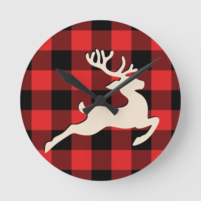 Reloj Redondo Mediano Navidades Holiday Deer Antlers Red Black Gingham (Anverso)