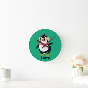 Reloj Redondo Mediano Navidades Jolly Penguin en una bufanda con bocanad
