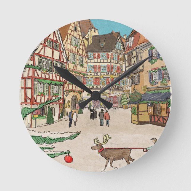 Reloj Redondo Mediano Navidades Mercado Estrasburgo Francia Retro (Anverso)