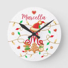 Reloj Redondo Mediano Navidades Nombre Monograma Personalizado Gingerbre