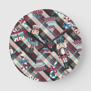 Reloj Redondo Mediano Navidades Nutcracker Plaid Blue Burgundy