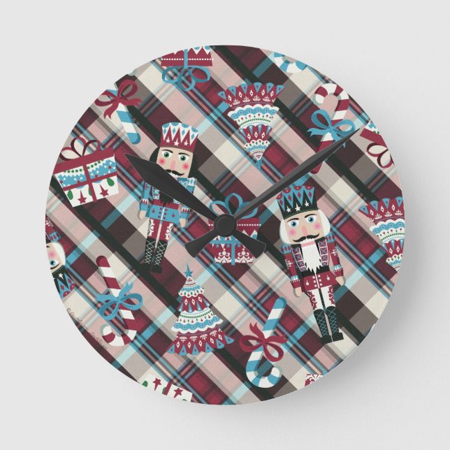 Reloj Redondo Mediano Navidades Nutcracker Plaid Blue Burgundy (Anverso)