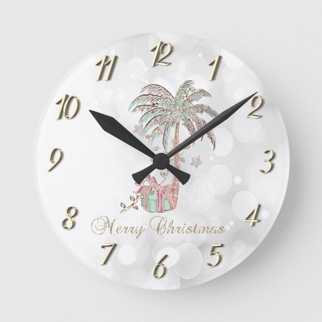Reloj Redondo Mediano Navidades Palm Tree,Present,String Lights,Bokeh (Anverso)
