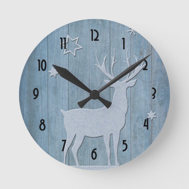 Reloj Redondo Mediano Navidades Rústicos De Los Renos Azules De Madera (Anverso)