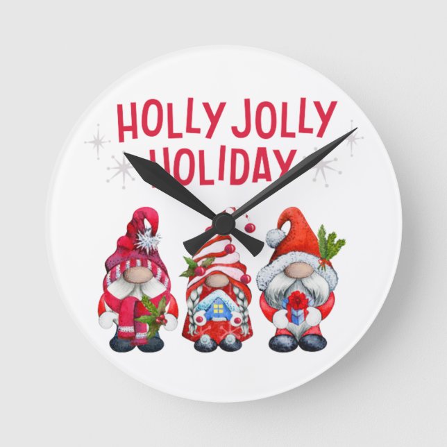 Reloj Redondo Mediano Navidades singulares de Holly Jolly Holiday Gnomes (Anverso)