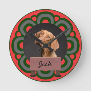 Reloj Redondo Mediano navidades verdes Personalizado de vacaciones Perro