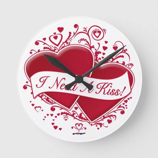 Reloj Redondo Mediano ¡Necesito un beso! Corazones rojos (Anverso)