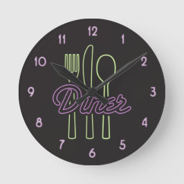 Reloj Redondo Mediano Neon Diner Green de los años 50, plata morada