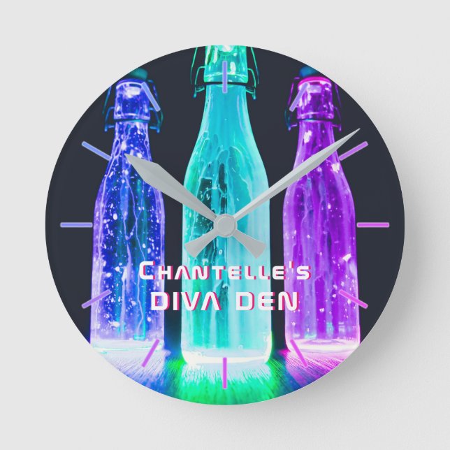Reloj Redondo Mediano NEON DIVA DEN - Botellas Fiestas personalizadas (Anverso)