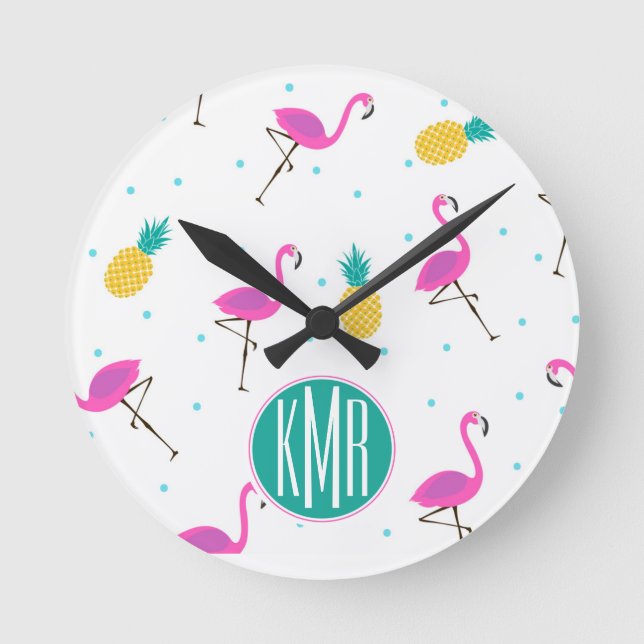 Reloj Redondo Mediano Neon Flamingos | Monograma (Anverso)