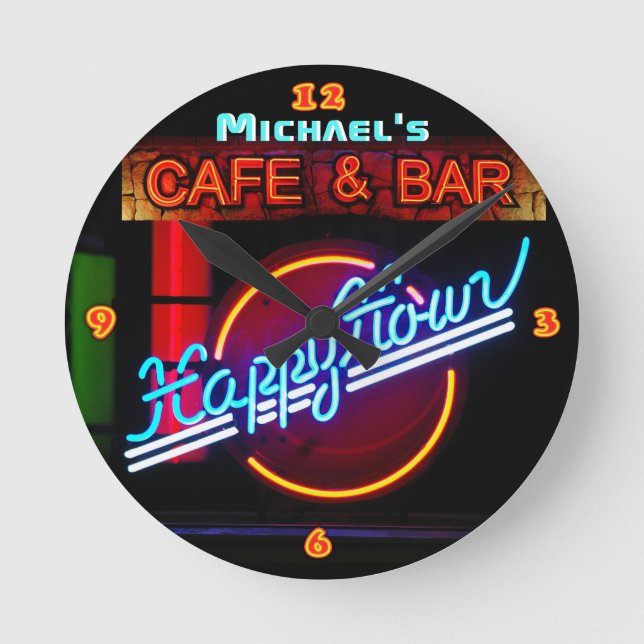 Reloj Redondo Mediano Neon Light BAR CAFE Personalizado RÓTULO Happy hou (Anverso)