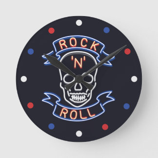 Reloj Redondo Mediano Neon Rock N Roll Skull Red Blue Wall Clock