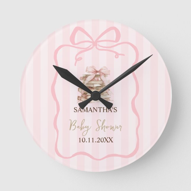 Reloj Redondo Mediano New Chapter Pink Bow Stripes Baby Shower (Anverso)