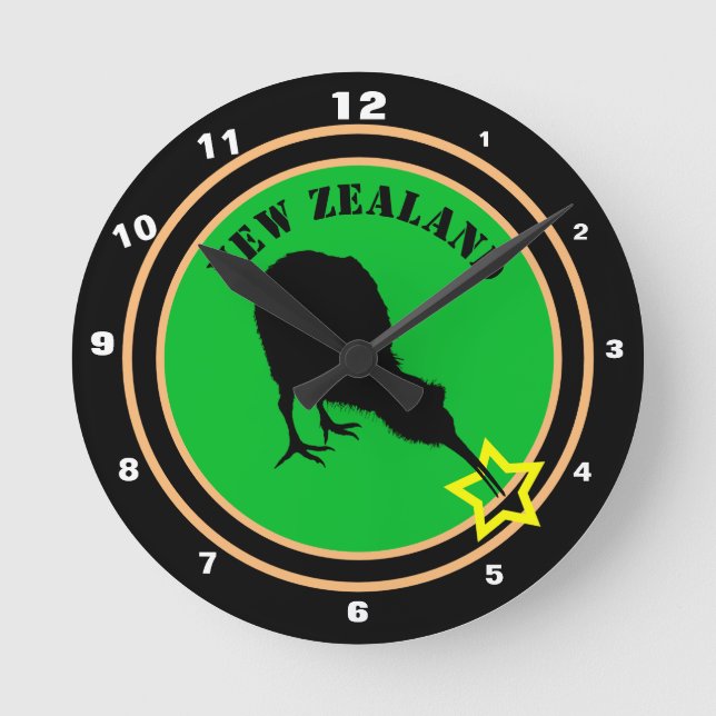 Reloj Redondo Mediano New Zealand & Kiwi Bird - Royal Kiwi design /star (Anverso)