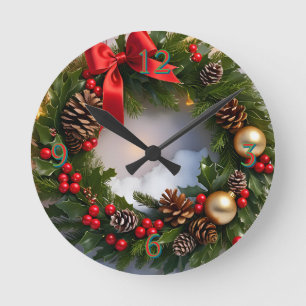 Reloj Redondo Mediano Nieve de cinta roja de pino rojo para los navidade