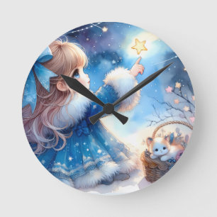 Reloj Redondo Mediano Niña caprichosa que mira las estrellas en acuarela