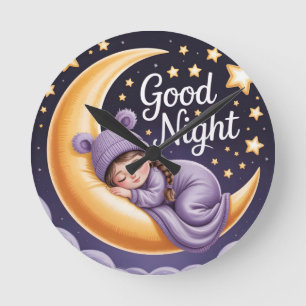 Reloj Redondo Mediano Niña de dibujos animados linda durmiendo en la lun