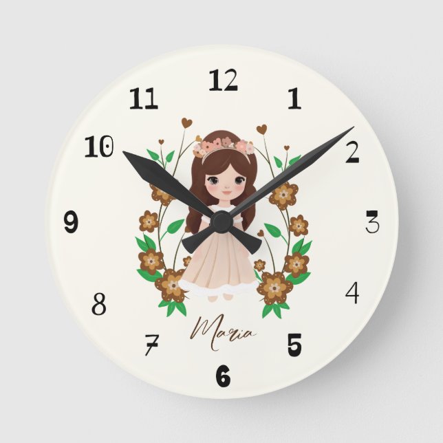 Reloj Redondo Mediano Niña pequeña con flores (Anverso)