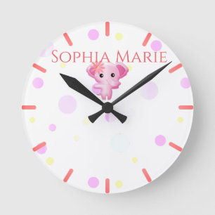 Reloj Redondo Mediano Niña Rosa, pequeña elefante