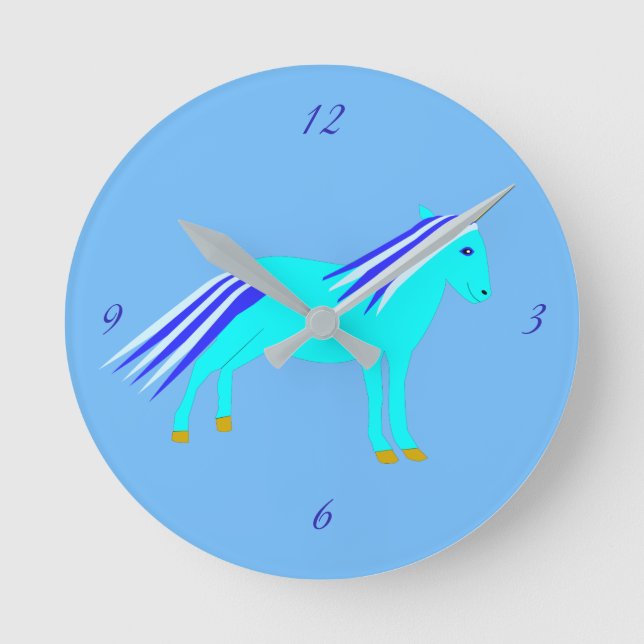 Reloj Redondo Mediano Niñera de Unicornio, niño pequeño y azul (Anverso)