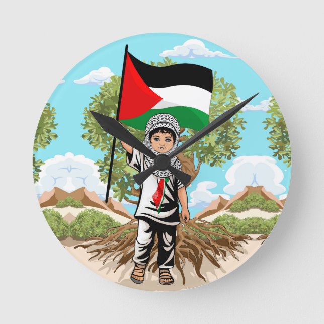 Reloj Redondo Mediano Niño con bandera palestina de Keffiyeh y olivo (Anverso)
