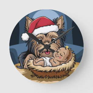 Reloj Redondo Mediano Niño de acebo adorado por Yorkshire Terrier