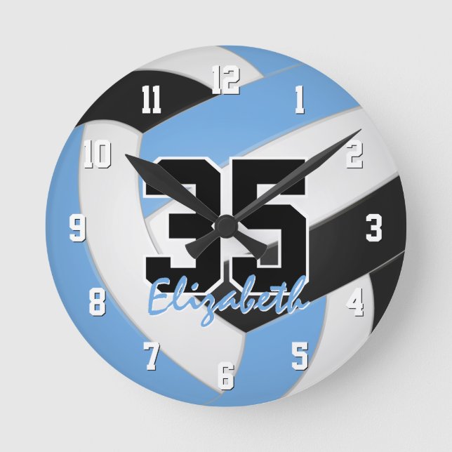 Reloj Redondo Mediano niño negro azul claro chica voleibol personalizado (Anverso)