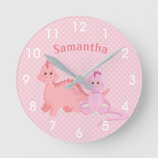Reloj Redondo Mediano Niño pequeño dinosaurio pequeño cuarto rosa guarde (Anverso)