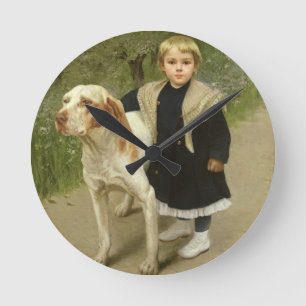 Reloj Redondo Mediano Niño pequeño y un perro grande (aceite sobre lienz