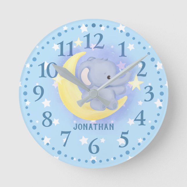 Reloj Redondo Mediano Niños Azul Personalizado Elefante Lindo Luna Estre (Anverso)