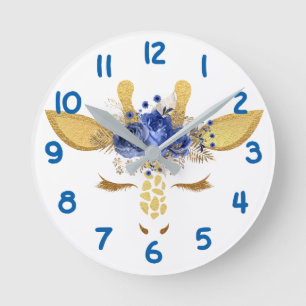 Reloj Redondo Mediano Niños azules del número de la cara de la jirafa