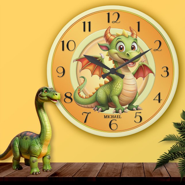 Reloj Redondo Mediano Niños con fantasías mágicas de Dragón Cute (Wall clock featuring a cute magical fantasy dragon in warm pastel colors - gift for a child)