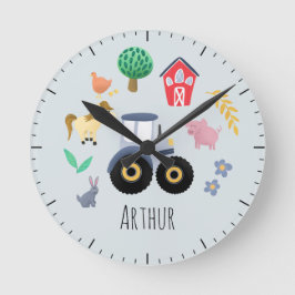 Reloj Redondo Mediano Niños Cute Blue Farm Animal Tractor Niños Nursery