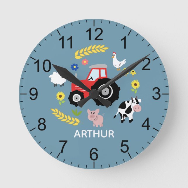 Reloj Redondo Mediano Niños Cute Farm Animal Tractor Niños Nursera (Anverso)