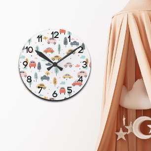 Reloj Redondo Mediano Niños de Boho Carros, Árboles y Nubes Patrón Nurse