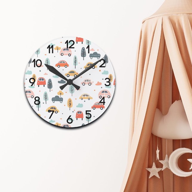 Reloj Redondo Mediano Niños de Boho Carros, Árboles y Nubes Patrón Nurse (Subido por el creador)