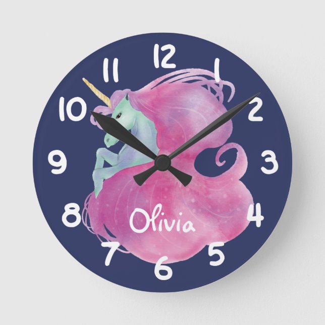 Reloj Redondo Mediano Niños de Unicornio Rosa Personalizados (Anverso)