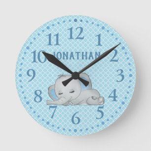 Reloj Redondo Mediano Niños Elefante Bebé Personalizado Azul Lindo