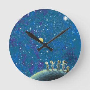Reloj Redondo Mediano Niños Mirando El Cielo Nocturno